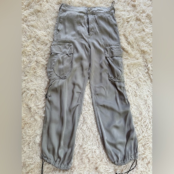 Zara Pants - Zara cargo viscose satin pants hem drawstrings grey SZ S zip up silver